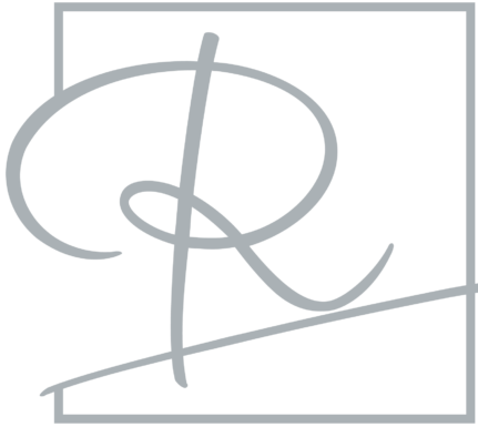 Logo Ramona Weddings mit Buchstaben R in Schreibschrift umrahmt mit Kasten in grau